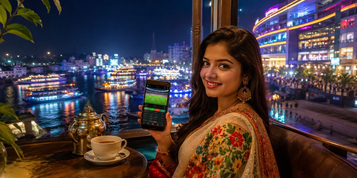 ঢাকায় পহেলা বৈশাখের উৎসবে মোবাইলে স্পোর্টস বেটিং করছেন একজন তরুণী